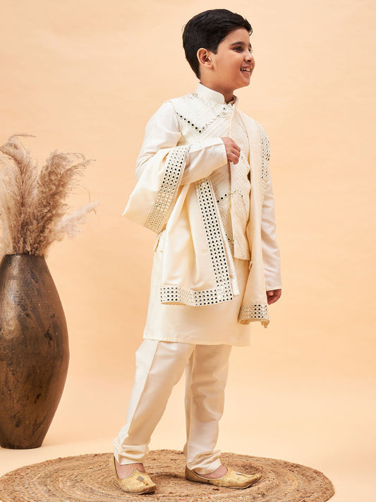 Boys' Cream Kurta, Pyjama & Dupatta Set