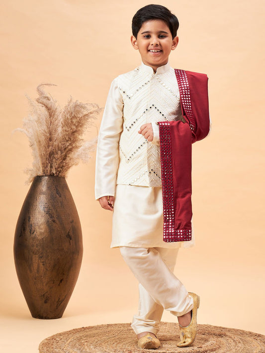 Boys' Cream And Maroon Kurta, Pyjama & Dupatta Set