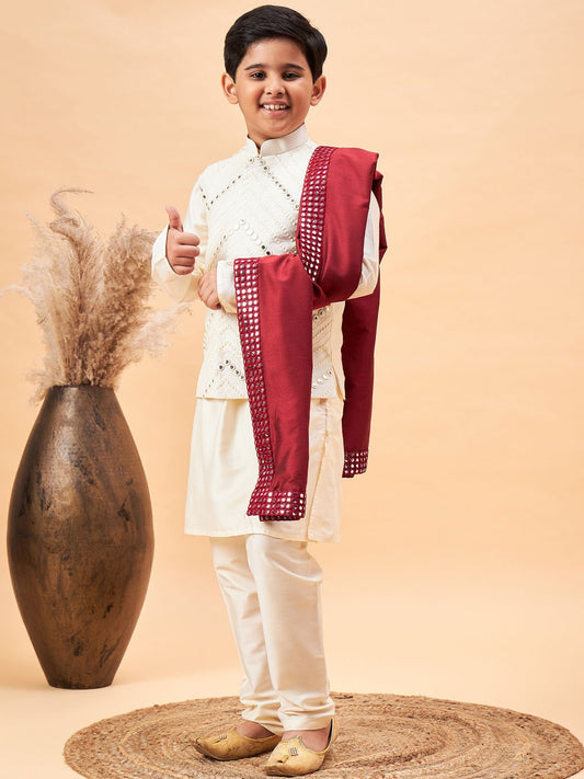 Boys' Cream And Maroon Kurta, Pyjama & Dupatta Set