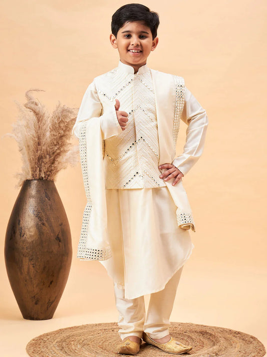 Boys' Cream Jacket, Kurta and Pyjama Set