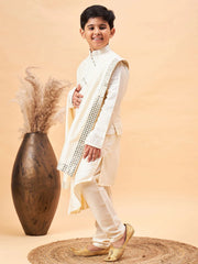 Boys' Cream Kurta, Pyjama & Dupatta Set