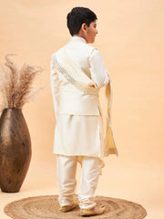 Boys' Cream Jacket, Kurta and Pyjama Set