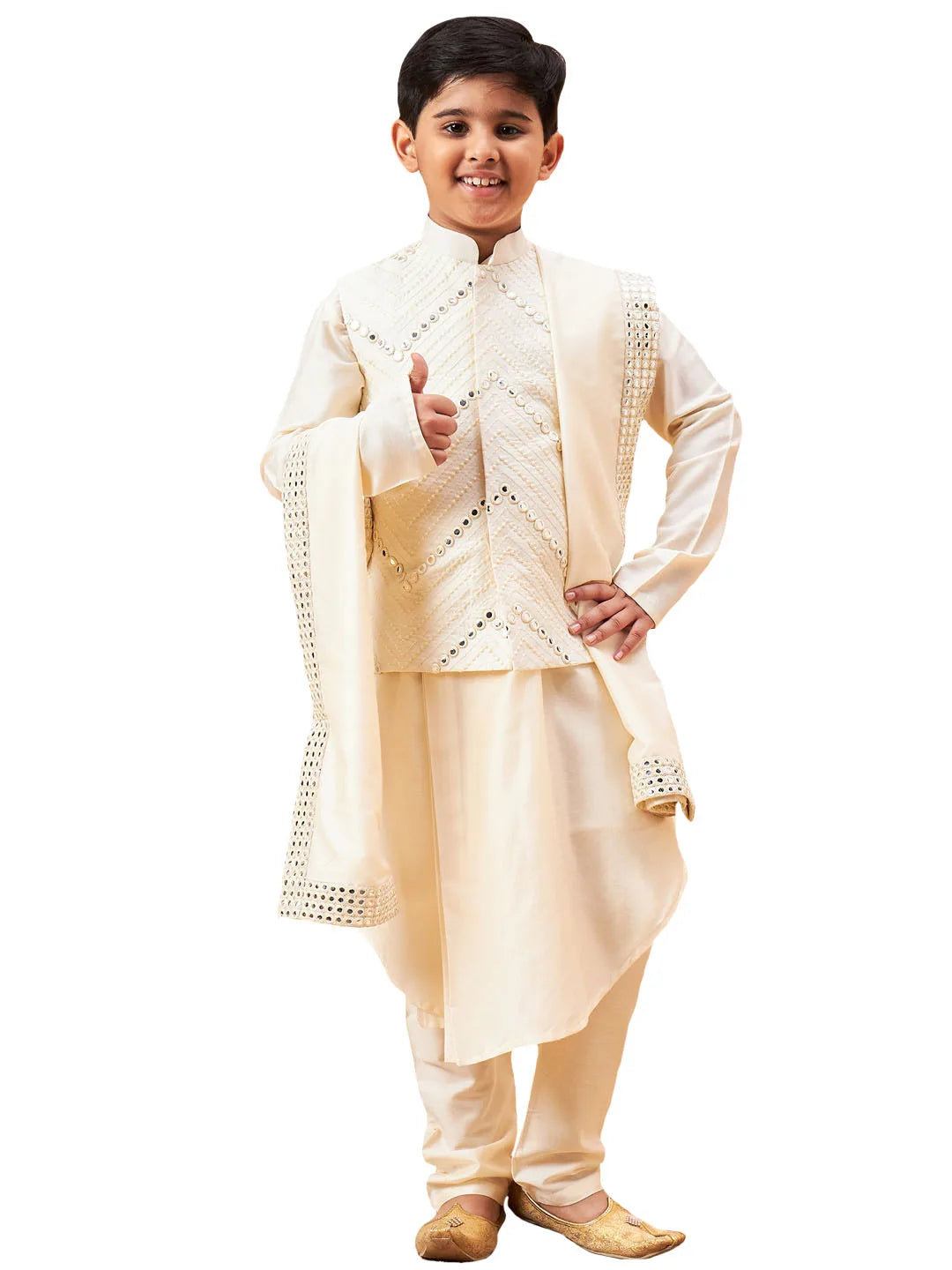 Boys' Cream Kurta, Pyjama & Dupatta Set