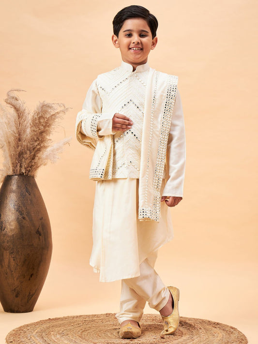 Boys' Cream Kurta, Pyjama & Dupatta Set