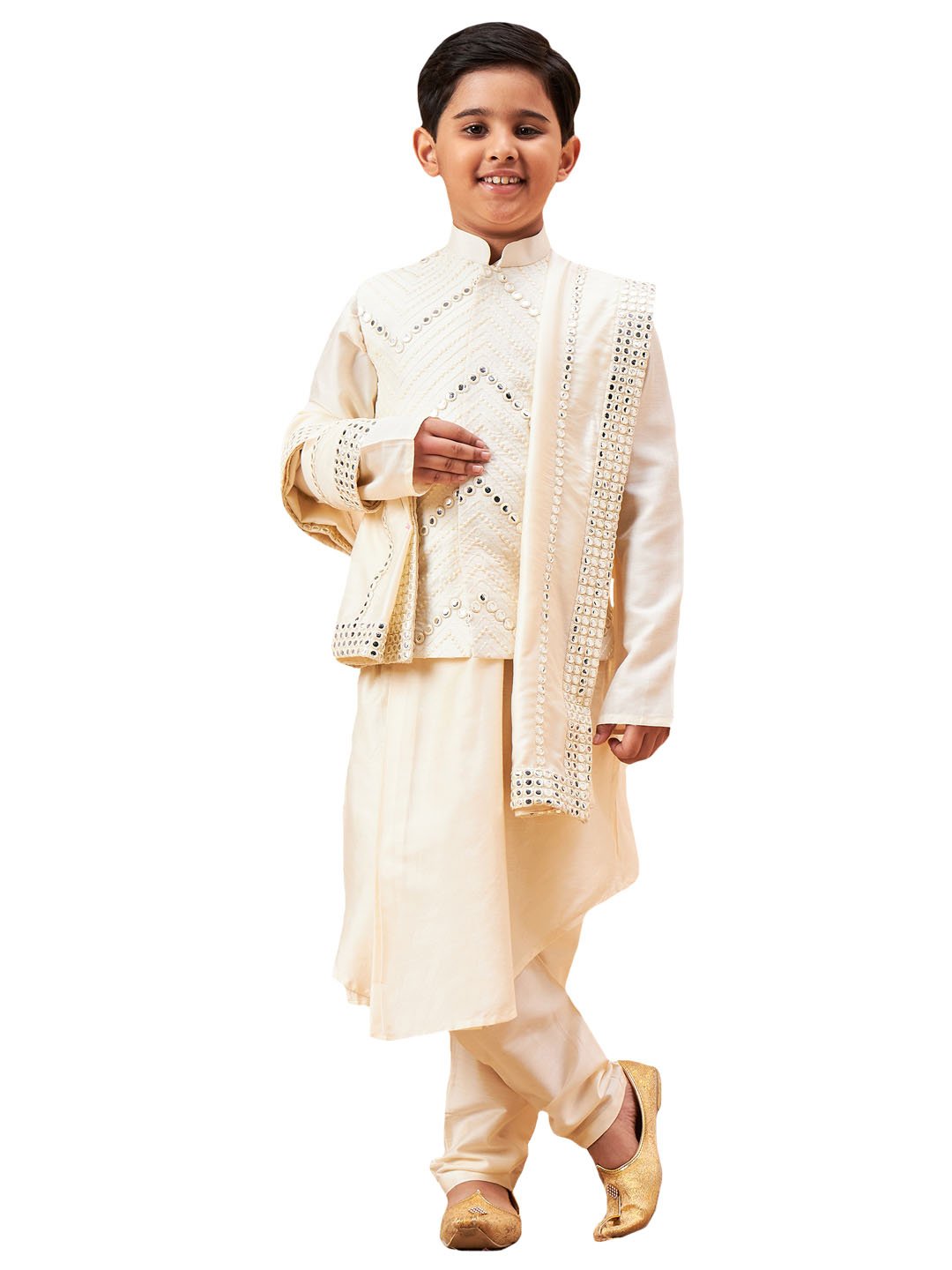 Boys' Cream Kurta, Pyjama & Dupatta Set