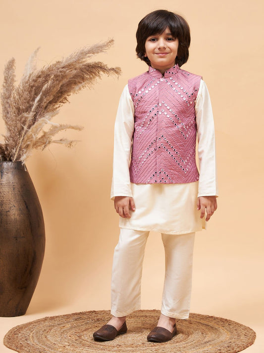 Boys' Cream And Onion Pink Jacket, Kurta and Pyjama Set