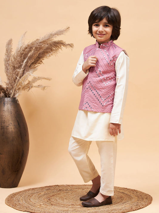 Boys' Cream And Onion Pink Jacket, Kurta and Pyjama Set