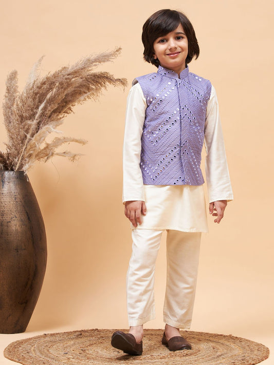 Boys' Cream And Purple Jacket, Kurta and Pyjama Set