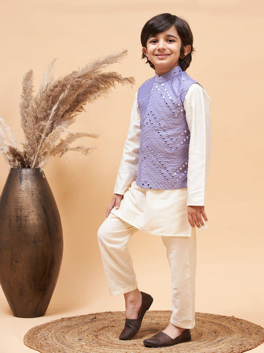 Boys' Cream And Purple Jacket, Kurta and Pyjama Set