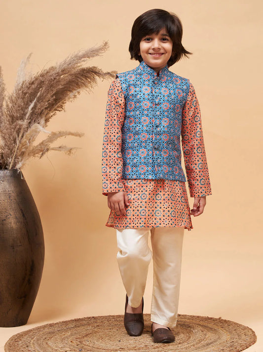 Boys' Orange Jacket, Kurta and Pyjama Set