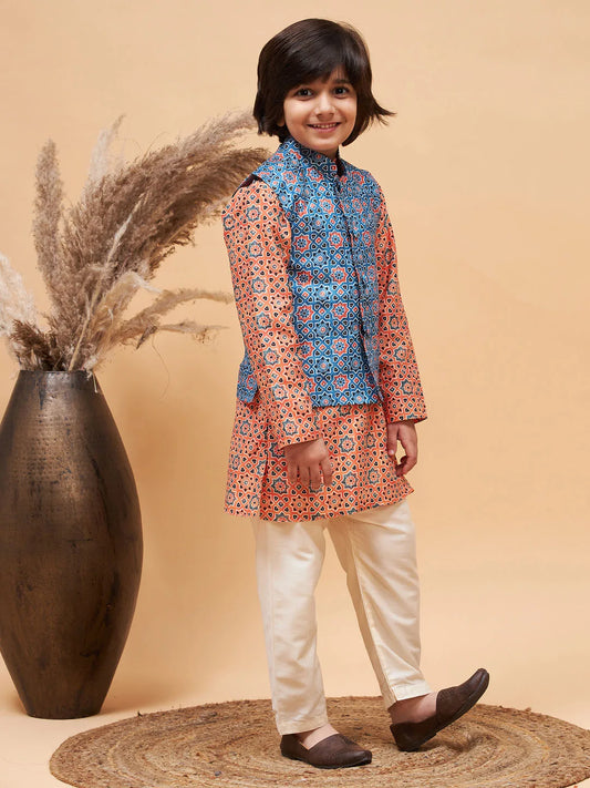 Boys' Orange Jacket, Kurta and Pyjama Set