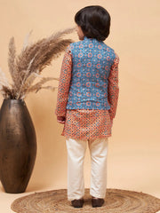 Boys' Orange Jacket, Kurta and Pyjama Set