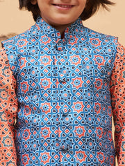 Boys' Orange Jacket, Kurta and Pyjama Set