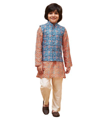 Boys' Orange Jacket, Kurta and Pyjama Set