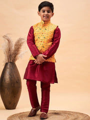 Boys' Maroon Jacket, Kurta and Pyjama Set