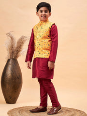 Boys' Maroon Jacket, Kurta and Pyjama Set