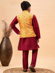 Boys' Maroon Jacket, Kurta and Pyjama Set