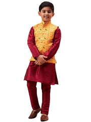 Boys' Maroon Jacket, Kurta and Pyjama Set