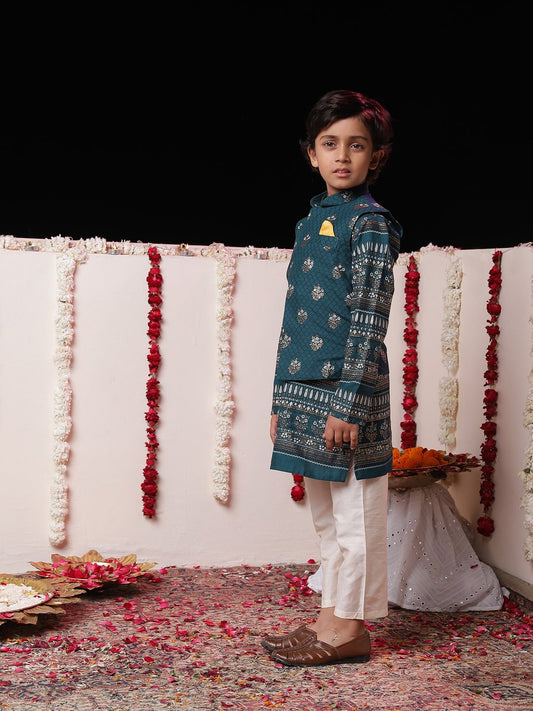 Boys' Navy Blue And Cream Jacket, Kurta and Pyjama Set