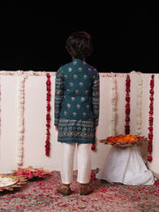 Boys' Navy Blue And Cream Jacket, Kurta and Pyjama Set