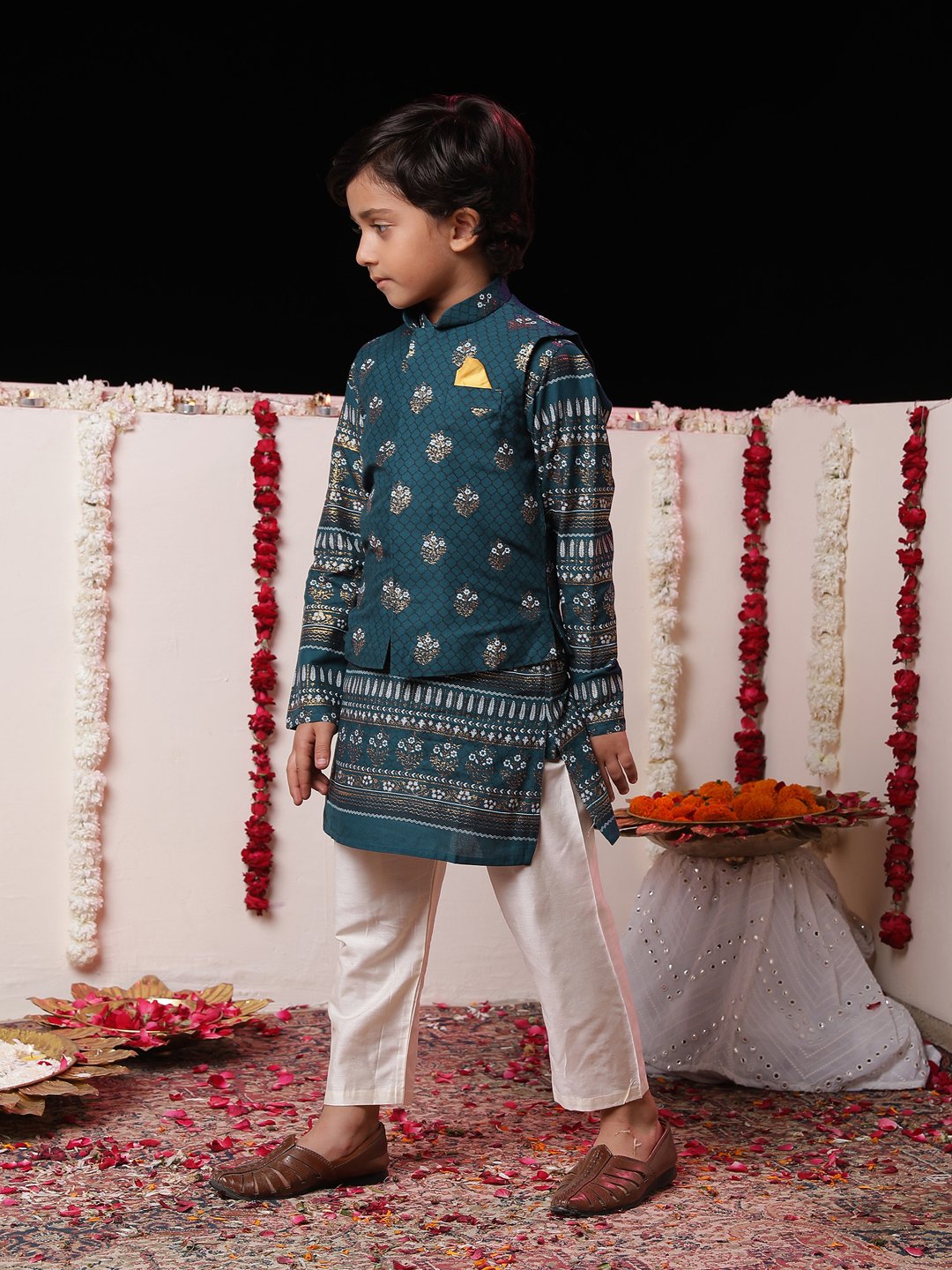 Boys' Navy Blue And Cream Jacket, Kurta and Pyjama Set