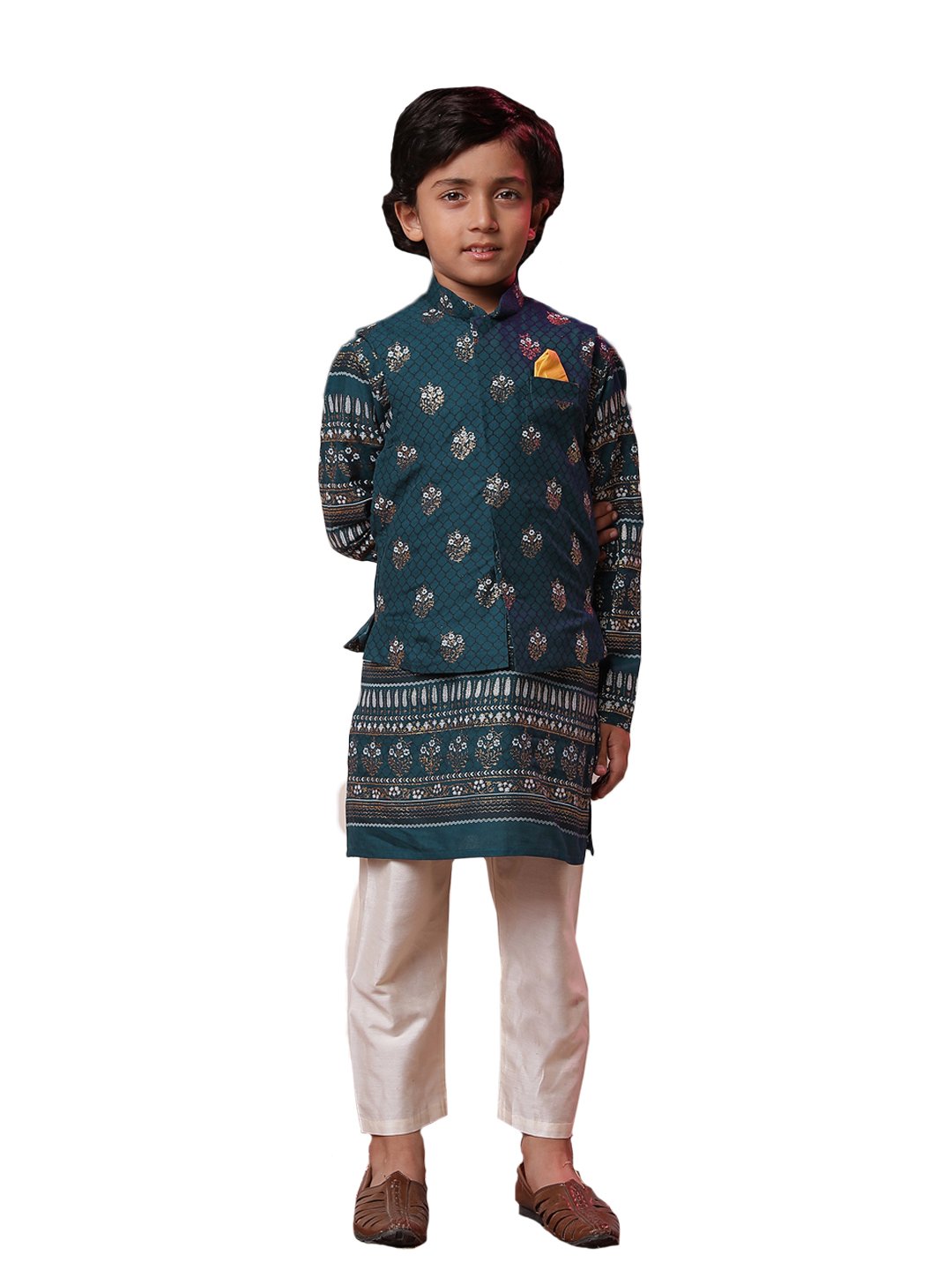 Boys' Navy Blue And Cream Jacket, Kurta and Pyjama Set