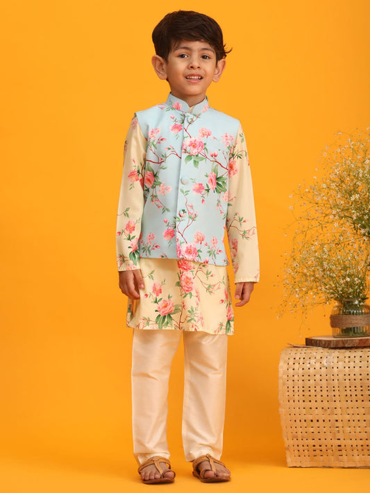 Boys' Multicolor Base Yellow Jacket, Kurta and Pyjama Set