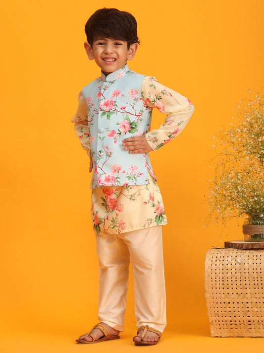 Boys' Multicolor Base Yellow Jacket, Kurta and Pyjama Set