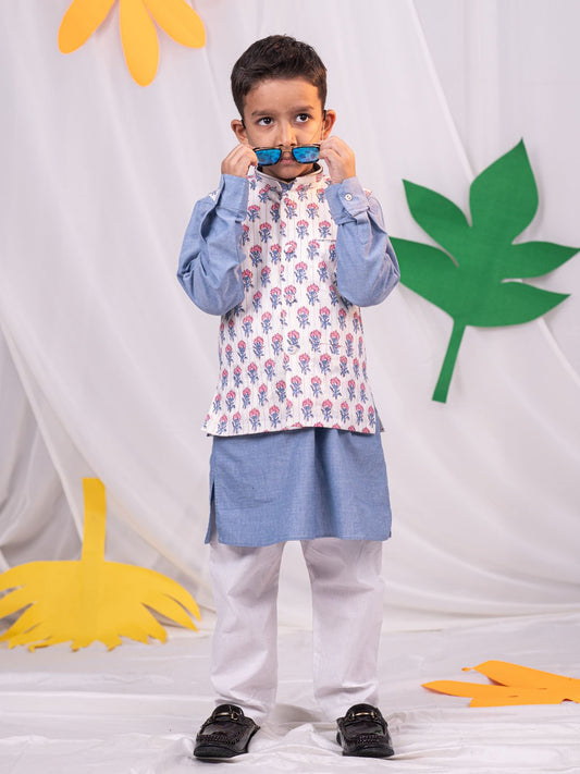 Boys' Gray And White Jacket, Kurta and Pyjama Set