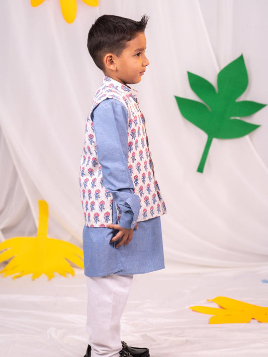 Boys' Gray And White Jacket, Kurta and Pyjama Set