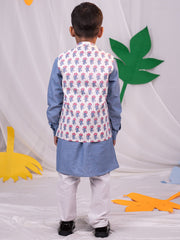 Boys' Gray And White Jacket, Kurta and Pyjama Set