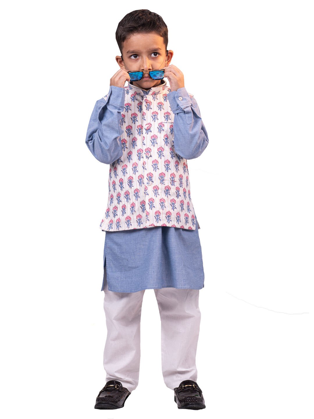 Boys' Gray And White Jacket, Kurta and Pyjama Set