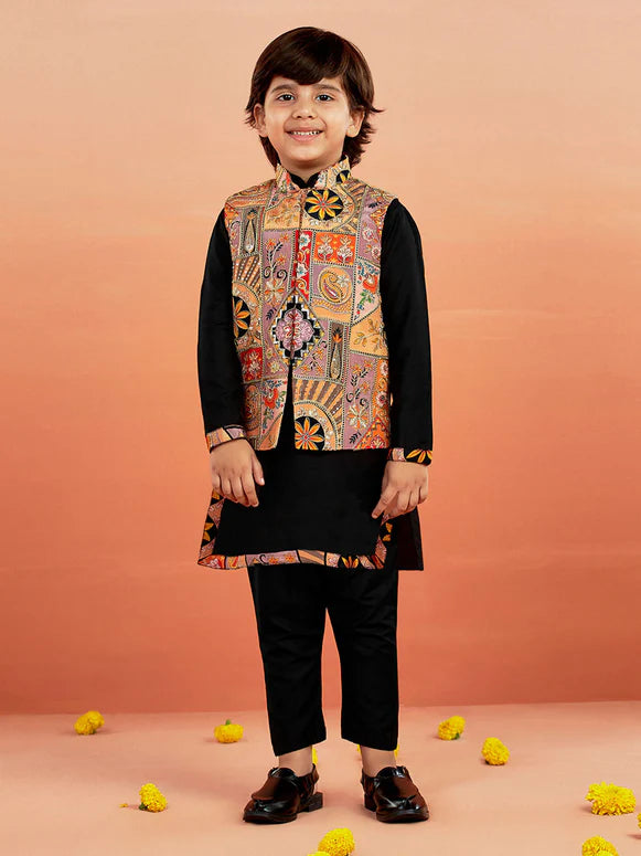 VASTRAMAY Boys' Black Jacket,Kurta And Pyjama Set.