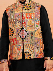 VASTRAMAY Boys' Black Jacket,Kurta And Pyjama Set.