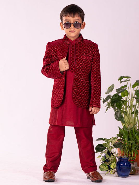 Boys' Maroon Jodhpuri, Kurta and Pyjama Set