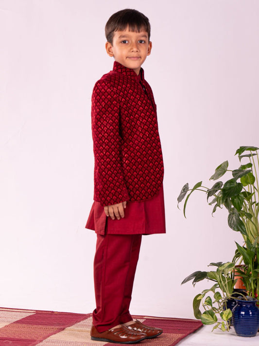 Boys' Maroon Jodhpuri, Kurta and Pyjama Set