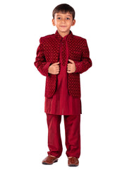 Boys' Maroon Jodhpuri, Kurta and Pyjama Set