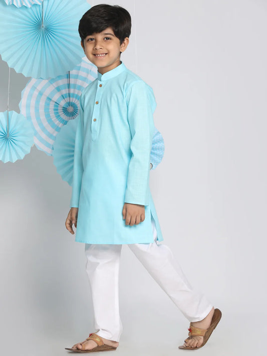 Boys' Aqua And White Kurta Pyjama Set