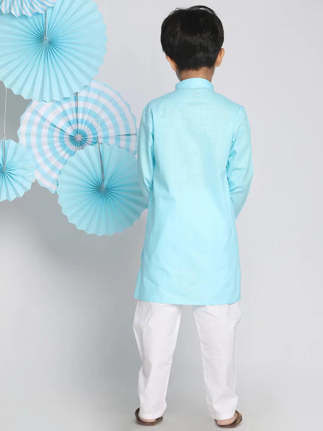 Boys' Aqua And White Kurta Pyjama Set