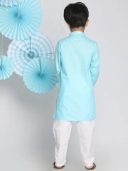 Boys' Aqua And White Kurta Pyjama Set