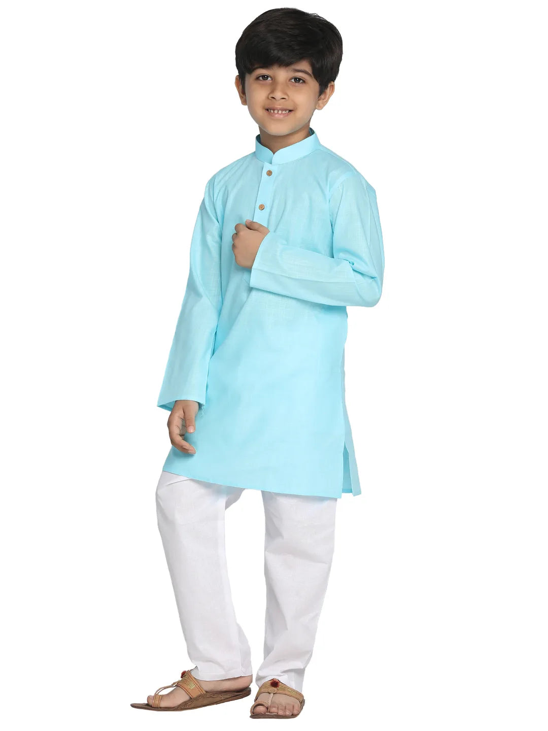 Boys' Aqua And White Kurta Pyjama Set