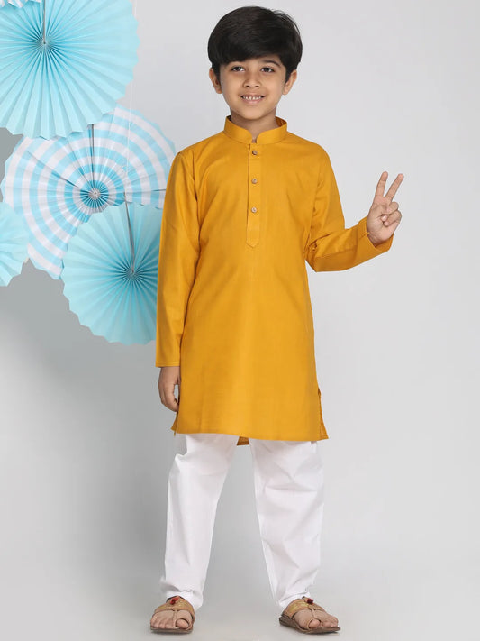 Boys' Mustard And White Kurta Pyjama Set