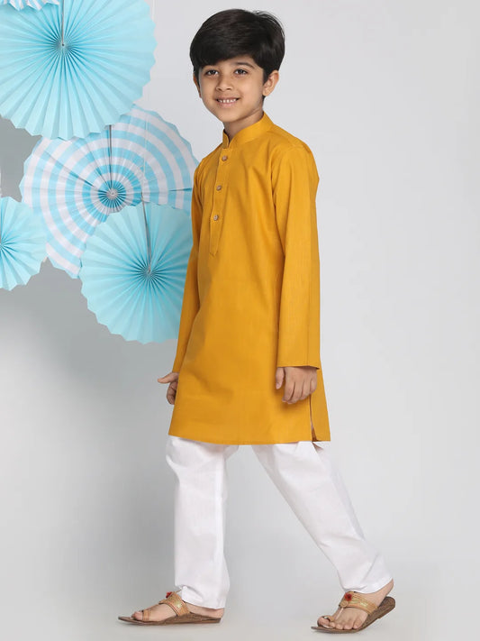 Boys' Mustard And White Kurta Pyjama Set