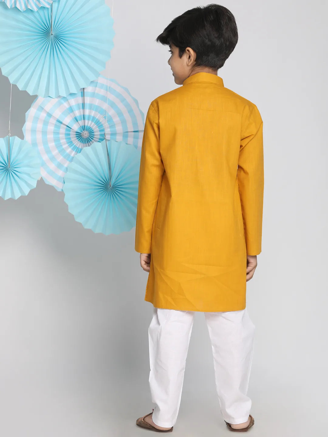 Boys' Mustard And White Kurta Pyjama Set