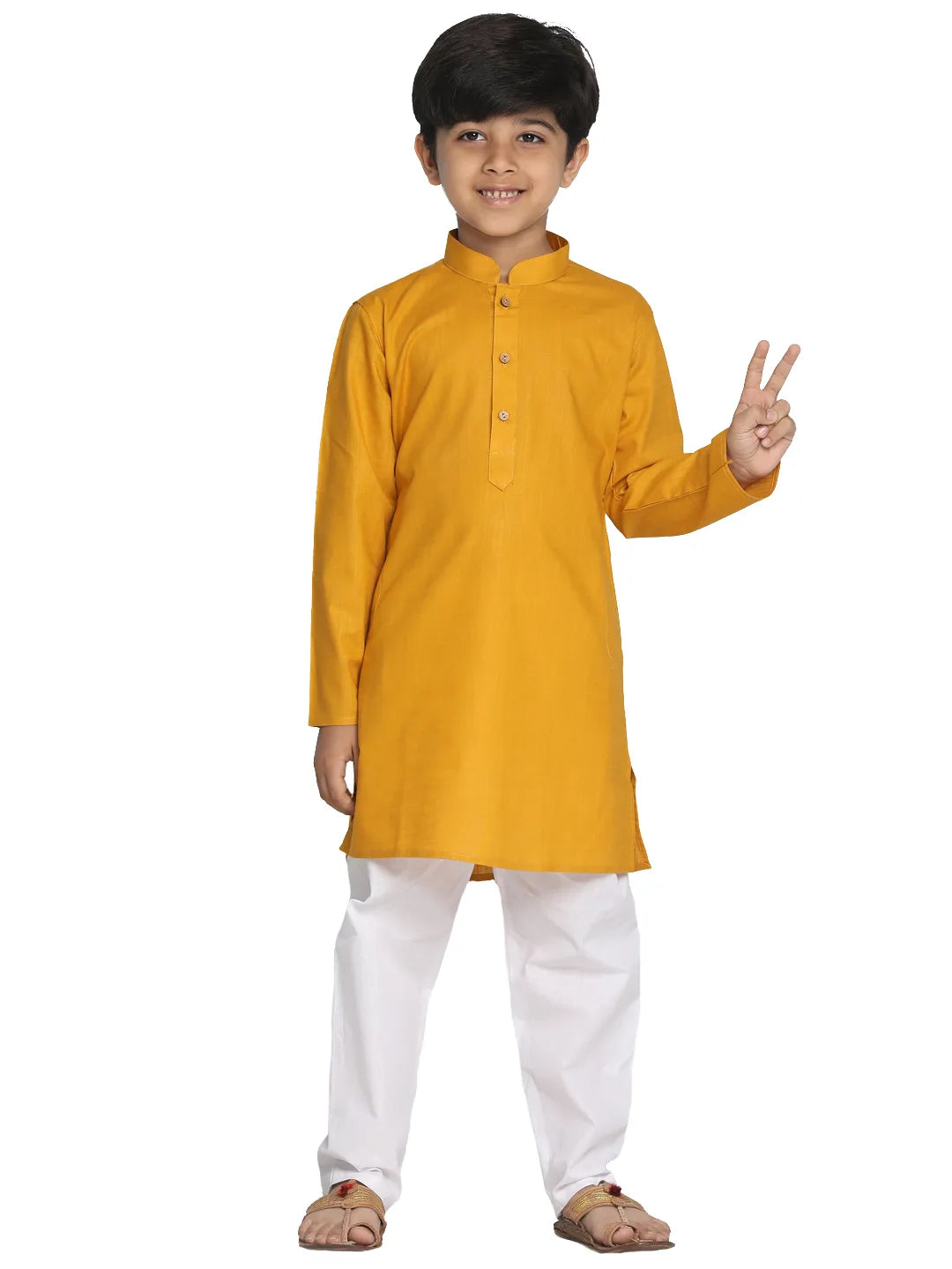 Boys' Mustard And White Kurta Pyjama Set