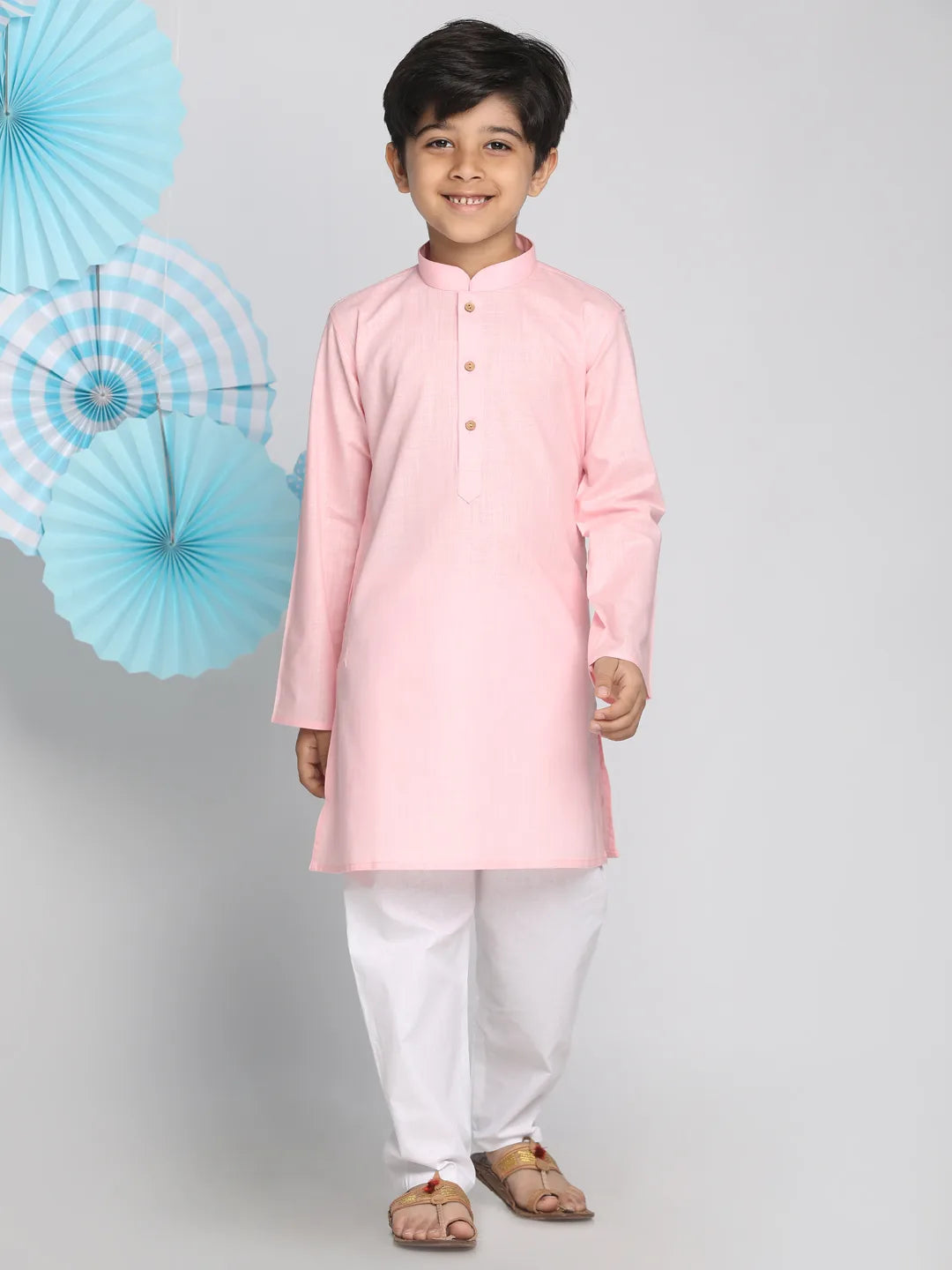 Boys' Pink And White Kurta Pyjama Set