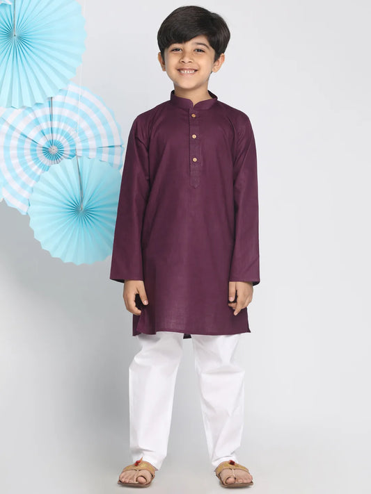 Boys' Purple And White Kurta Pyjama Set