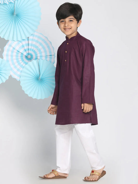 Boys' Purple And White Kurta Pyjama Set