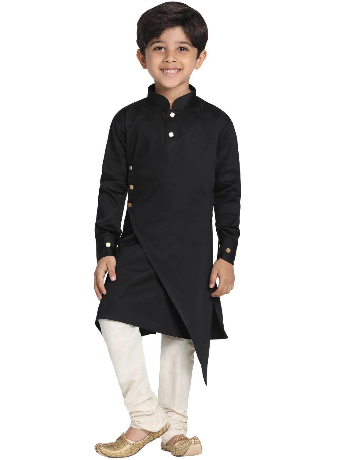 Boys' Black and Cream Cotton Satin Blend Kurta Pyjama Set