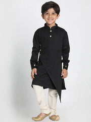 Boys' Black and Cream Cotton Satin Blend Kurta Pyjama Set